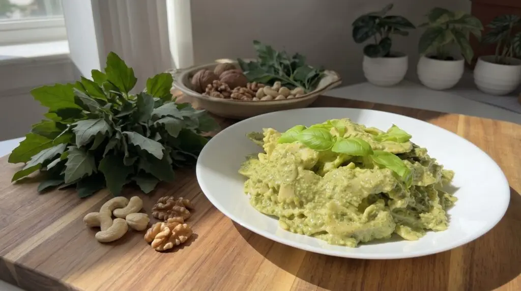 High-Protein Pasta with Creamy Lamb’s Quarters Sauce