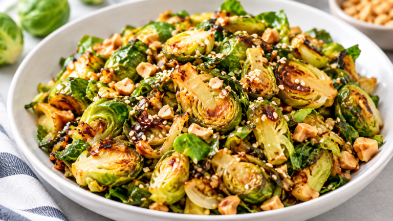 10-Minute Crispy Garlic Brussels Sprouts with Sesame and Peanuts Crunch