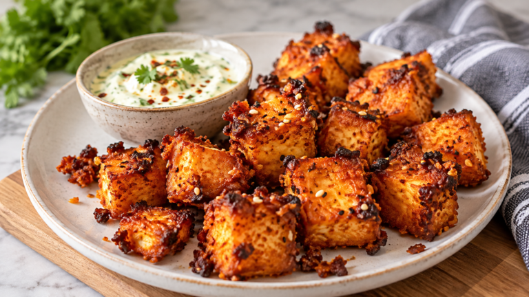 Air-Fried Crumble Tofu with Creamy Yogurt Dip