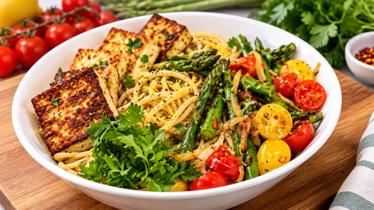 15-Minute Vegan Pasta Bowl with Tofu & Asparagus